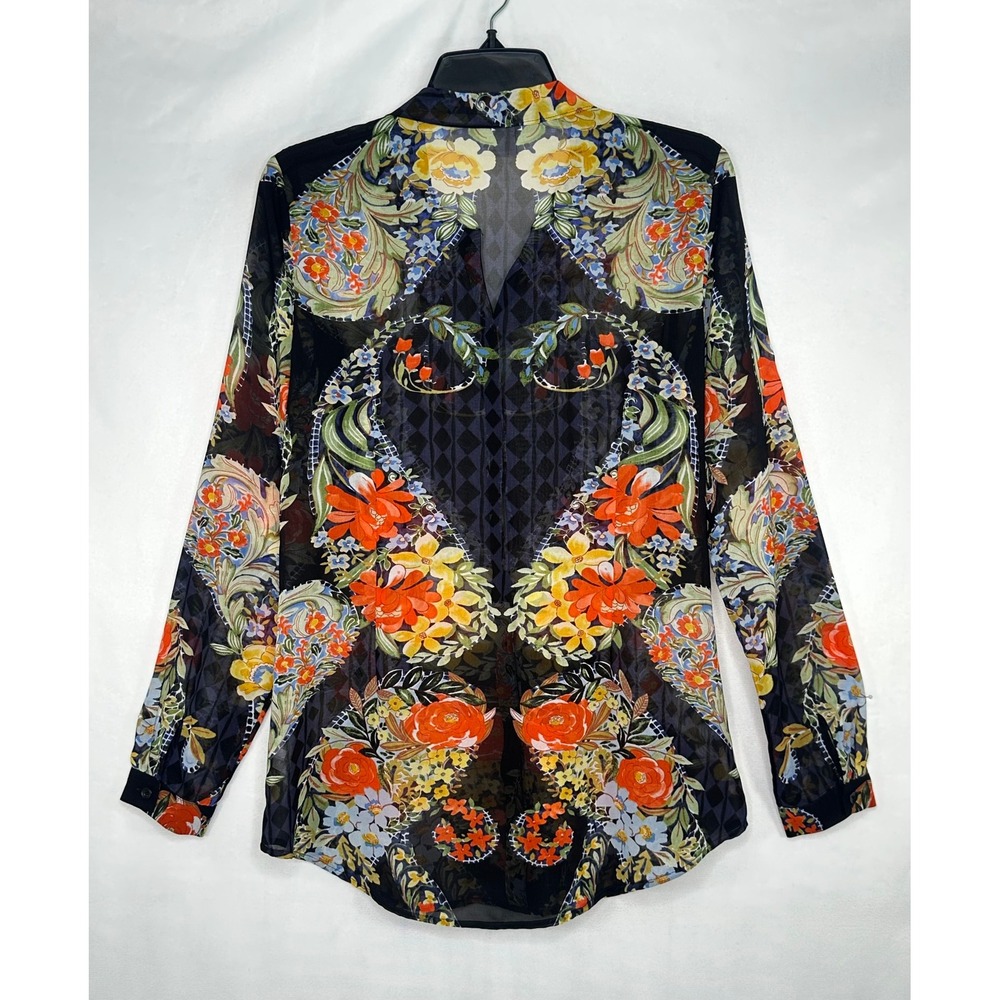 Cabi Amour Floral Diamond Print Sheer Blouse Multicolor Button Front Top Sz S - Picture 2 of 8